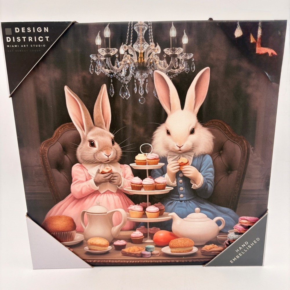 Design District Hand Embellished Canvas Art Two‎ Rabbits Tea Party Easter Decor